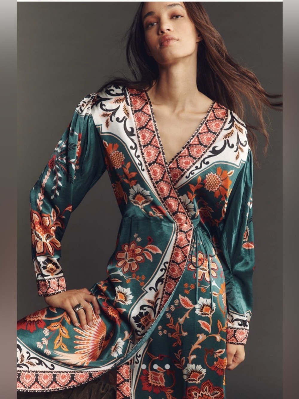Farm Rio × Anthropologie Long-Sleeve Printed Wrap Midi Dress NWT